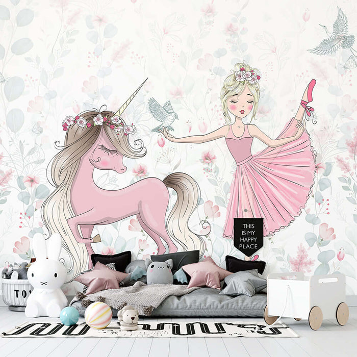 Unicorn Ballet Girl Wallpaper Mural | Princess Style Nursery Decor | Dreamy Kids Room Wall Design