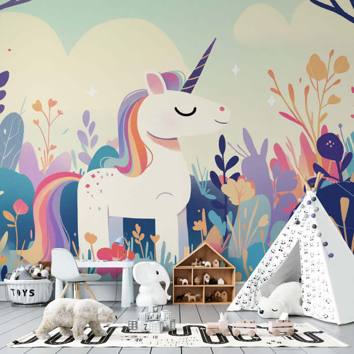 Unicorn Forest Wallpaper Mural | Children's Room Bedroom Fairy Tale Decorative Wall - dreamy unicorn wall art with fairy tale forest backdrop for kids