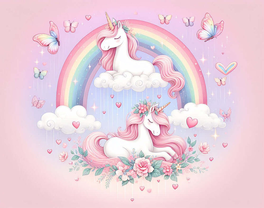 Unicorn & Rainbow Butterfly Wallpaper Mural | Dreamy Girls Room Decor | Pink Cloud Nursery Wall with unicorns, rainbow, butterflies, clouds, roses