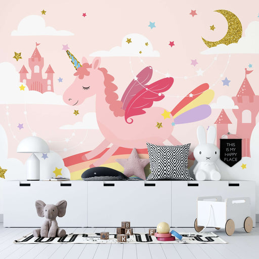Unicorn Rainbow Wallpaper Mural | Sweet Decorative Wall in Children's Room Bedroom — Fairy Tale Unicorn Dream mood with castle elements, transforming kid's space into princess-like dream