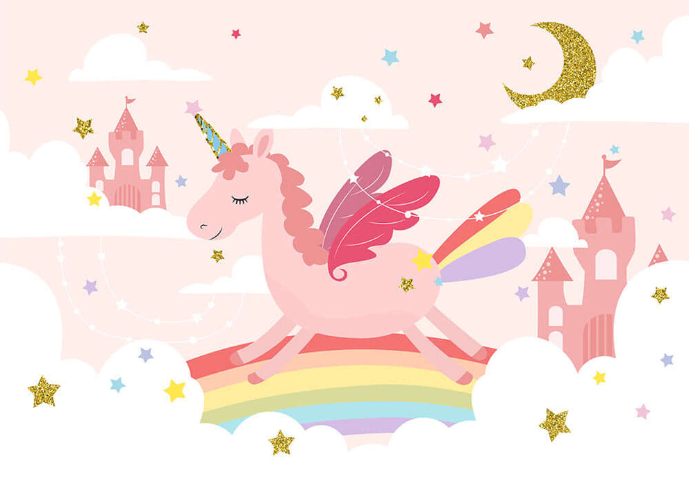 Unicorn Rainbow Wallpaper Mural | Sweet Decorative Wall in Children's Room Bedroom featuring a pink unicorn with rainbow wings over a rainbow, magical castles, stars, and moon