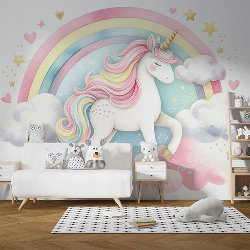 Unicorn Wallpaper Mural | A Rainbow Unicorn and Clouds - Carving wallpaper