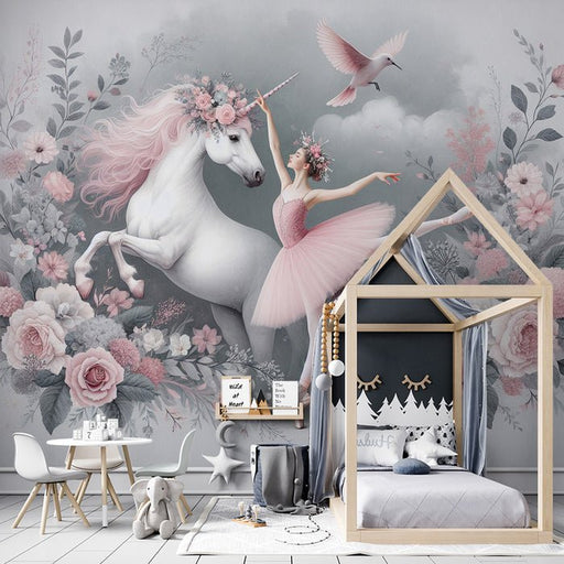 Unicorn Wallpaper Mural | Dancer and Unicorn in Pink Flowers - Carving wallpaper