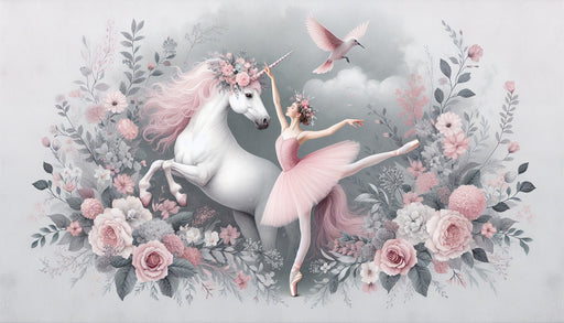 Unicorn Wallpaper Mural | Dancer and Unicorn in Pink Flowers - Carving wallpaper