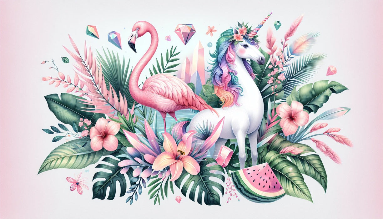 Unicorn Wallpaper Mural | Pink Flamingo Tropical Leaves and Flowers - Carving wallpaper