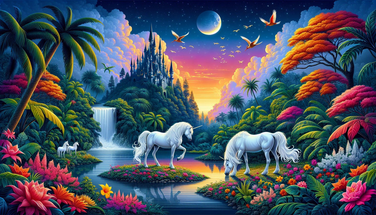 Unicorn Wallpaper Mural | Tropical Decoration of Unicorns and Waterfalls - Carving wallpaper