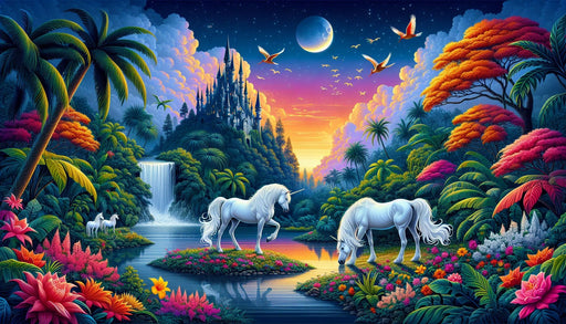Unicorn Wallpaper Mural | Tropical Decoration of Unicorns and Waterfalls - Carving wallpaper