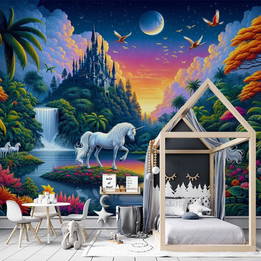 Unicorn Wallpaper Mural | Tropical Decoration of Unicorns and Waterfalls - Carving wallpaper