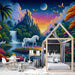 Unicorn Wallpaper Mural | Tropical Decoration of Unicorns and Waterfalls - Carving wallpaper