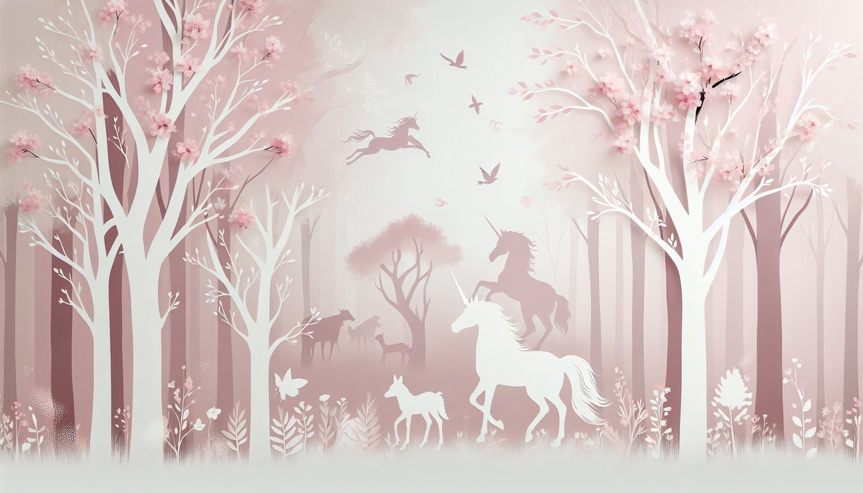 Unicorn Wallpaper Mural | Unicorn Silhouette in Pink Forest - Carving wallpaper