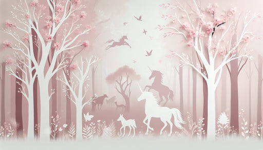 Unicorn Wallpaper Mural | Unicorn Silhouette in Pink Forest - Carving wallpaper