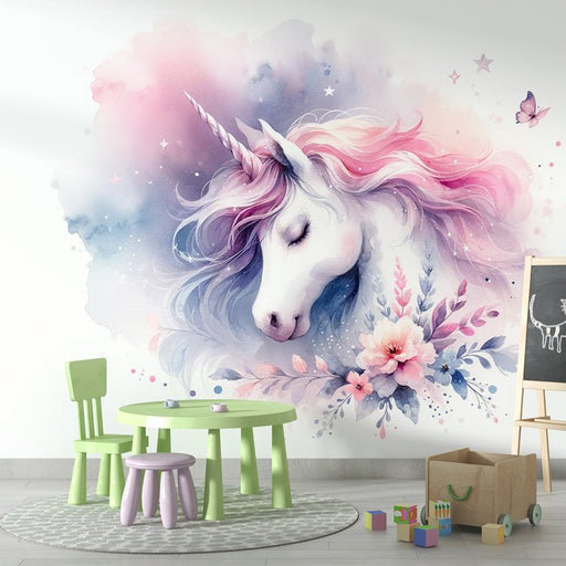 Unicorn Wallpaper Mural | Watercolor Butterfly and Flower - Carving wallpaper