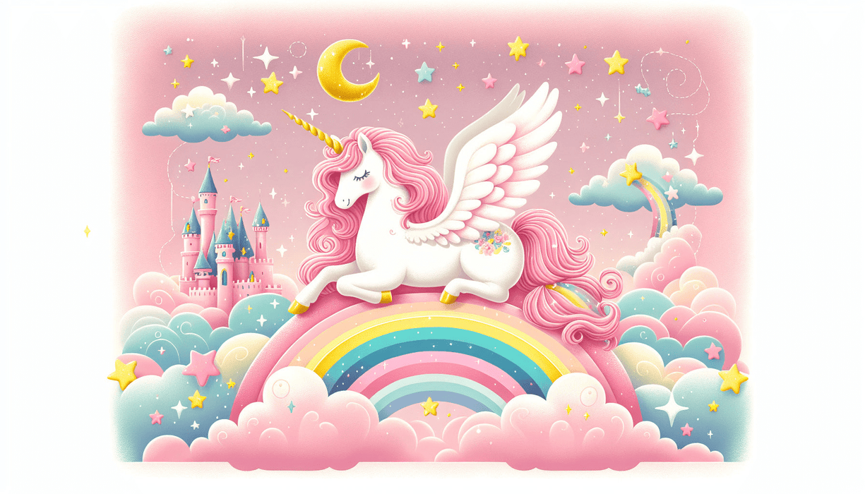 Unicorns, stars, and castles on a pink background of rainbow wallpaper - Carving wallpaper
