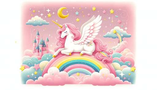 Unicorns, stars, and castles on a pink background of rainbow wallpaper - Carving wallpaper
