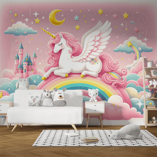 Unicorns, stars, and castles on a pink background of rainbow wallpaper - Carving wallpaper