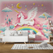 Unicorns, stars, and castles on a pink background of rainbow wallpaper - Carving wallpaper
