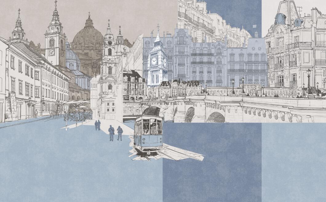 Urban Architecture Wallpaper Mural | Light Color Urban Street View Hand drawn Style - Carving wallpaper