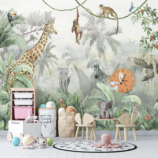 Vibrant Jungle Wildlife Wallpaper | Giraffes, Elephants, Tigers & Tropical Botanics - lush jungle scene with giraffe, elephants, monkeys, zebras, and tropical plants