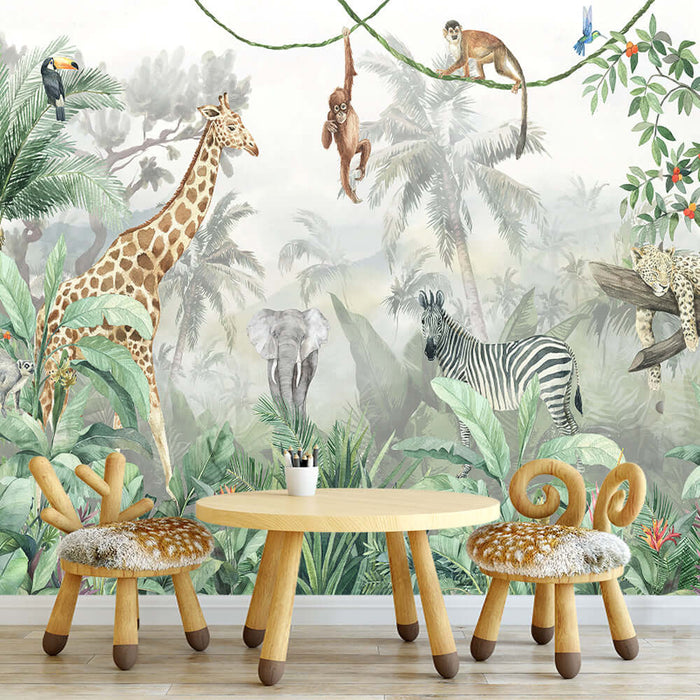 Vibrant Jungle Wildlife Wallpaper | Giraffes, Elephants, Tigers & Tropical Botanics