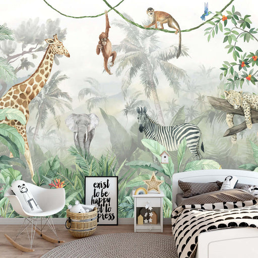 Vibrant Jungle Wildlife Wallpaper | Giraffes, Elephants, Tigers & Tropical Botanics — tropical jungle mural featuring giraffe, zebra, leopard, monkeys, toucans and lush tropical greenery
