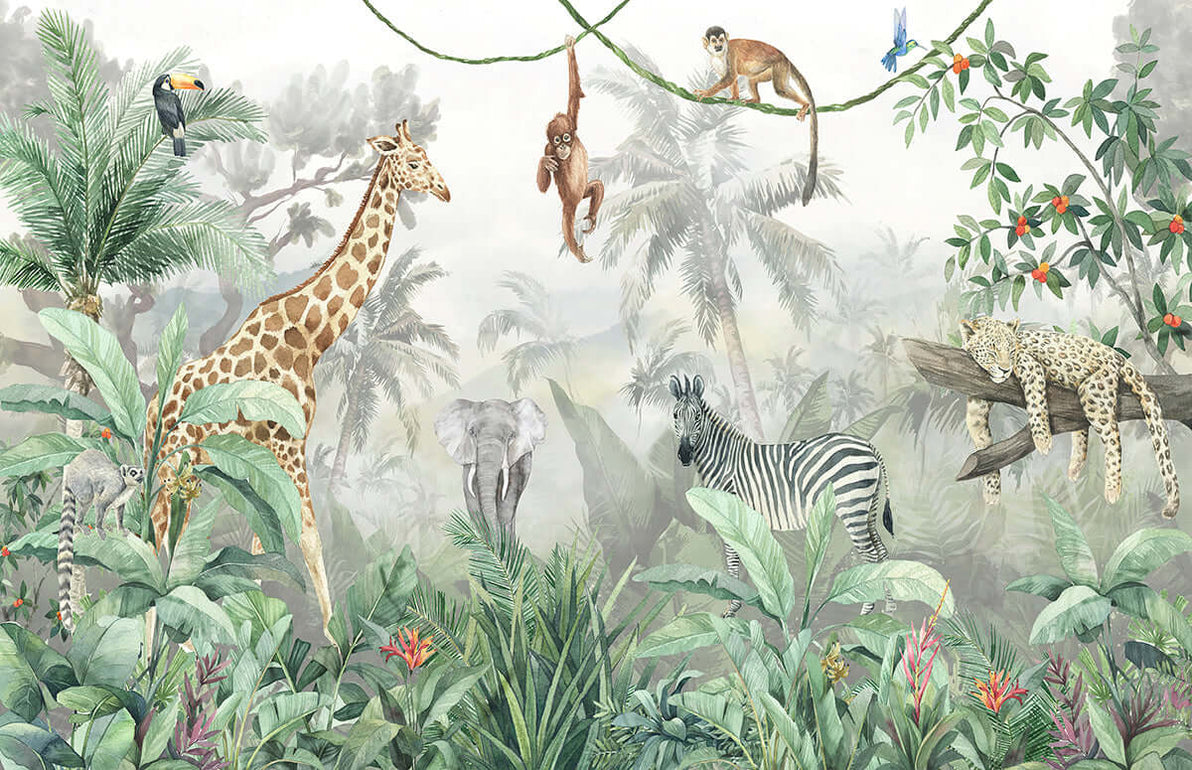 Vibrant Jungle Wildlife Wallpaper | Giraffes, Elephants, Tigers & Tropical Botanics