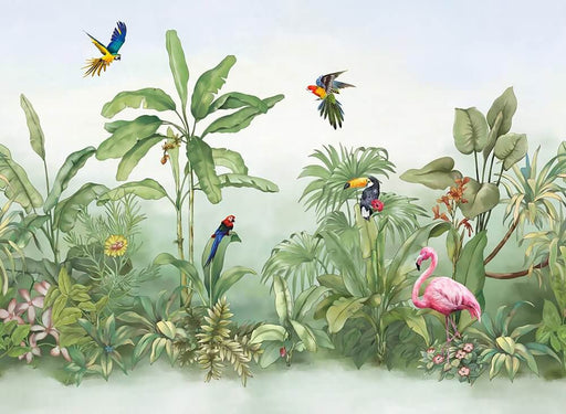 Vibrant Rainforest Flora & Fauna Wallpaper Mural – Colorful Birds, Tropical Plants & Jungle Canopy