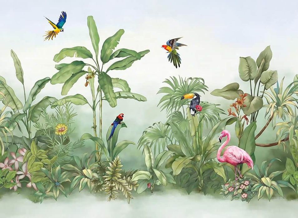 Vibrant Rainforest Flora & Fauna Wallpaper Mural – Colorful Birds, Tropical Plants & Jungle Canopy