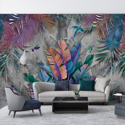 Vibrant Tropical Palm Leaf Wallpaper Mural – Grey Jungle Oasis with Botanical Accents