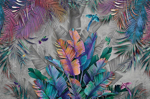 Vibrant Tropical Palm Leaf Wallpaper Mural – Grey Jungle Oasis with Botanical Accents
