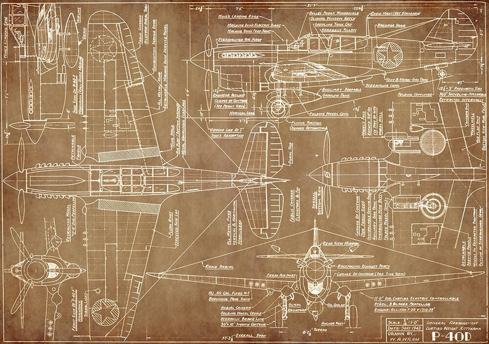 Vintage Aircraft Blueprint Wallpaper – Industrial Mechanical Design: Detailed vintage aviation engineering blueprints with white lines on rustic brown paper for industrial decor