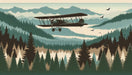 Vintage Aviation Forest Wallpaper Mural | Mountain & Biplane Décor: Timeless aviation charm over layered forests and distant mountains