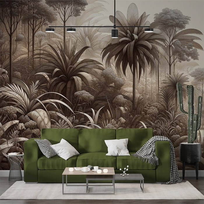 Vintage Brown Jungle Wallpaper Mural | Hand-Painted Tropical Ambiance - lush jungle scene with vintage brown tones for a serene, soulful wall backdrop