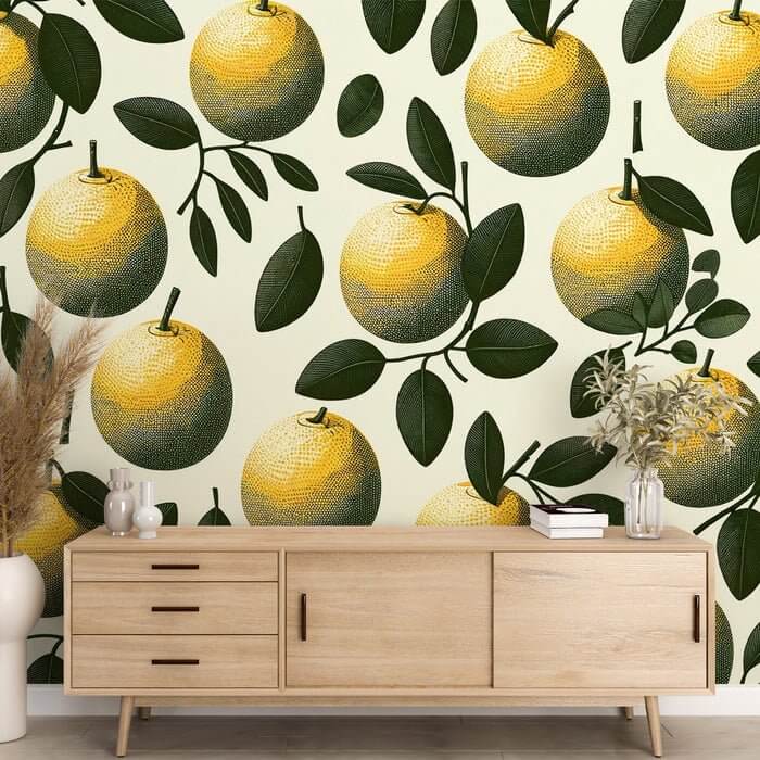 Vintage Citrus Gold & Green Leaves Wallpaper Mural - Natural Botanical Elegance