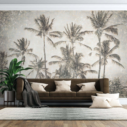 Vintage Coconut Grove Wallpaper Mural | Coconut Grove Silhouette with tropical palm trees in a vintage hazy style, cozy living room decor