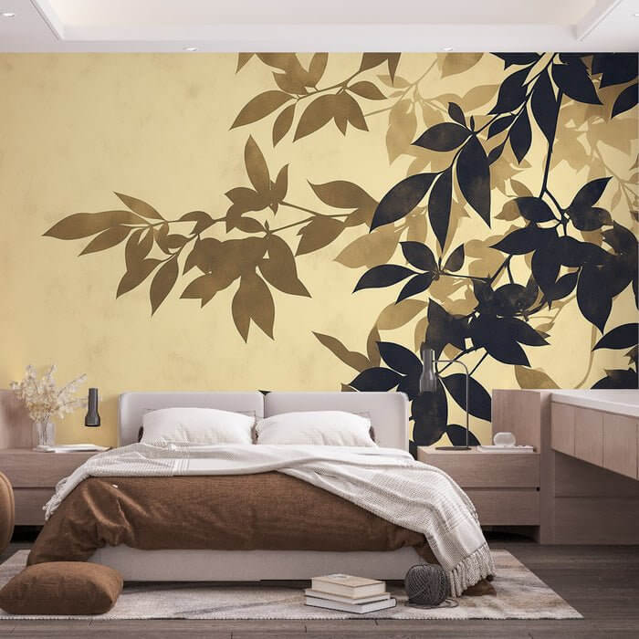 Vintage Dark Brown Leaf Silhouette Wallpaper Mural - Nature-Inspired Botanical Art for Bedroom & Living Room
