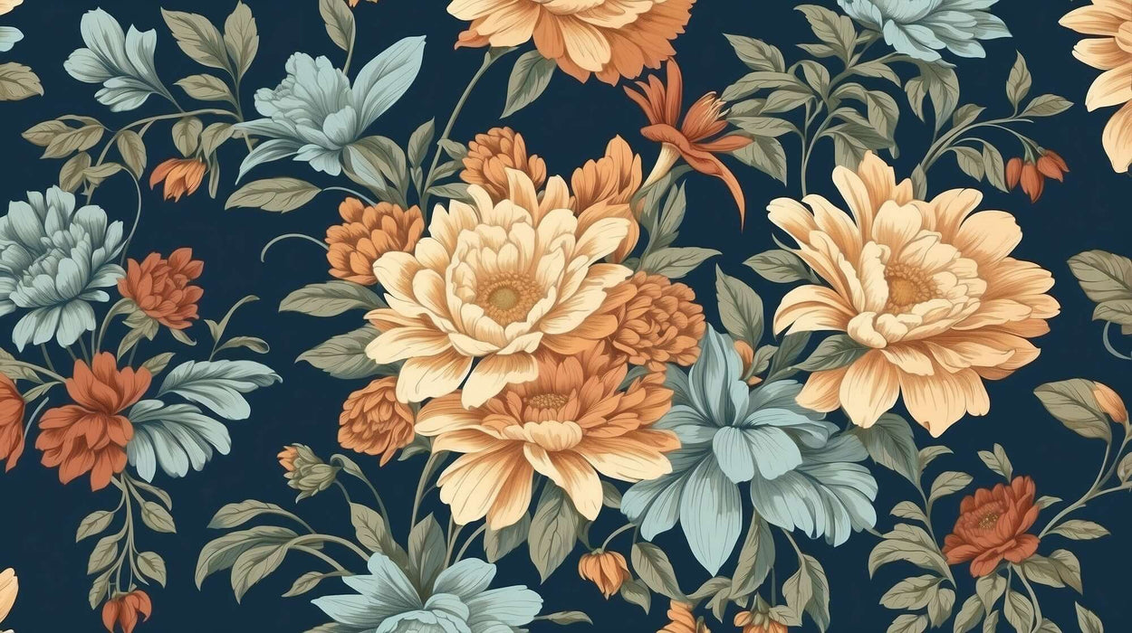 Vintage Deep Blue Floral Wallpaper Mural | Orange & Blue Botanicals | Elegant Home Decor