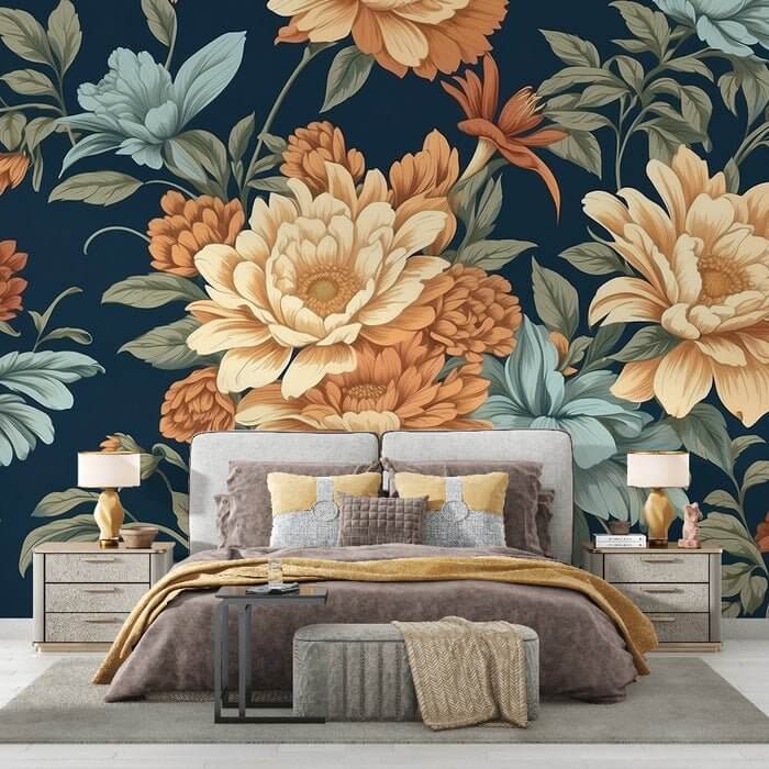 Vintage Deep Blue Floral Wallpaper Mural | Orange & Blue Botanicals | Elegant Home Decor