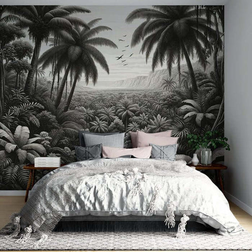 Vintage Engraving Jungle Wallpaper | Black & White Tropical Palm Tree Mural - Botanical Illustration Style