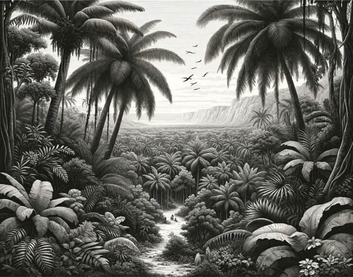 Vintage Engraving Jungle Wallpaper | Black & White Tropical Palm Tree Mural - Botanical Illustration Style