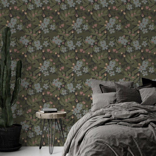 Vintage floral and green leaf wallpaper mural | Small fresh plants - Carving wallpaper