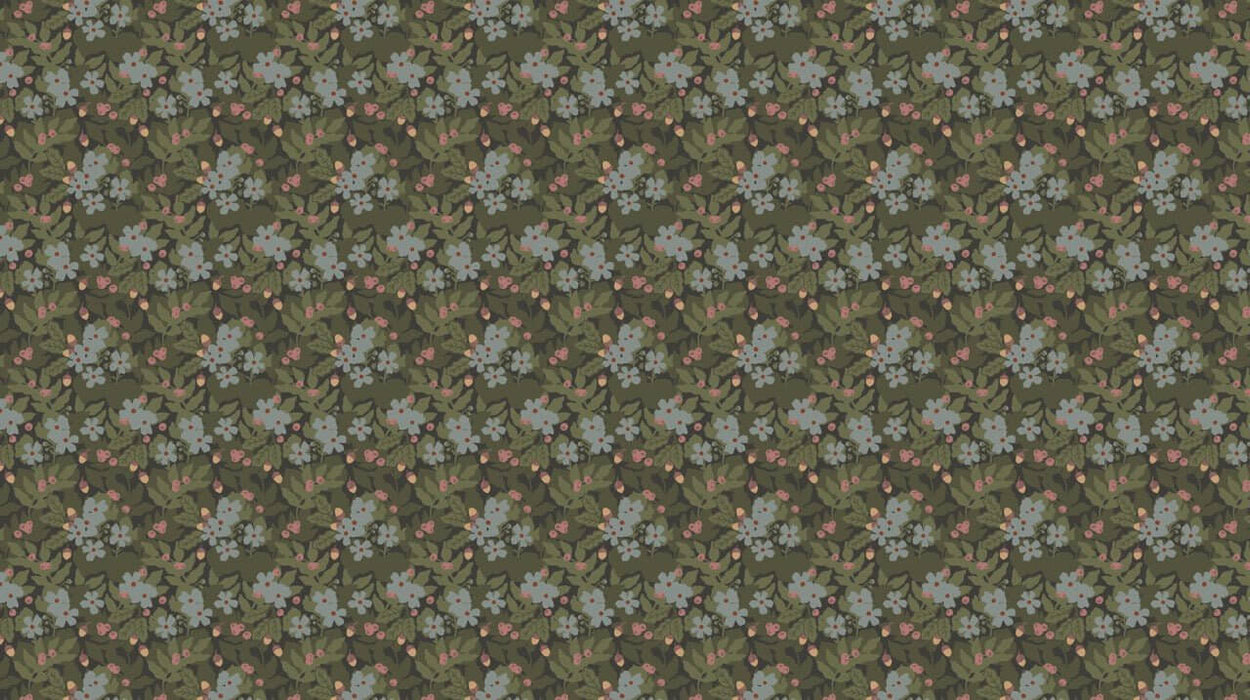 Vintage Floral Wallpaper | Botanical Green Leaf Mural with Subtle Blue & Pink Blooms