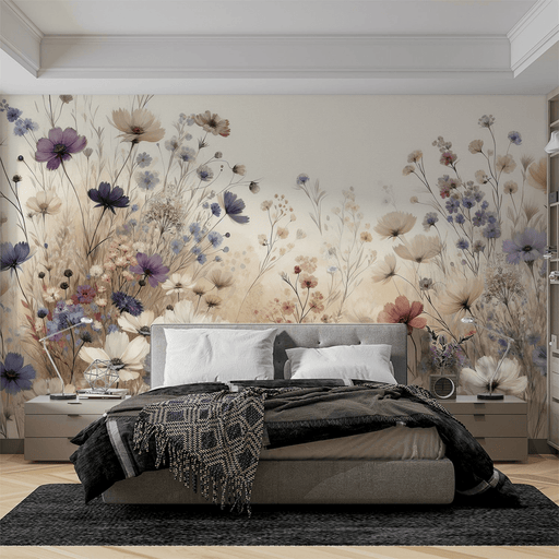 Vintage floral wallpaper beige fields with colorful magnolias - Carving wallpaper