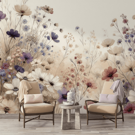 Vintage floral wallpaper beige fields with colorful magnolias - Carving wallpaper