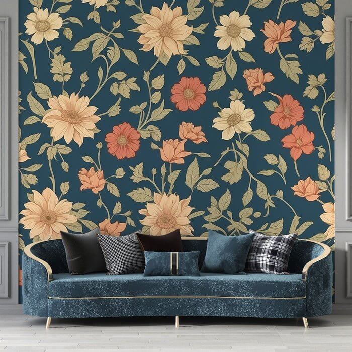 Vintage Floral Wallpaper Mural | Deep Navy Blue Background with Beige, Orange-Red Blooms and Green Foliage