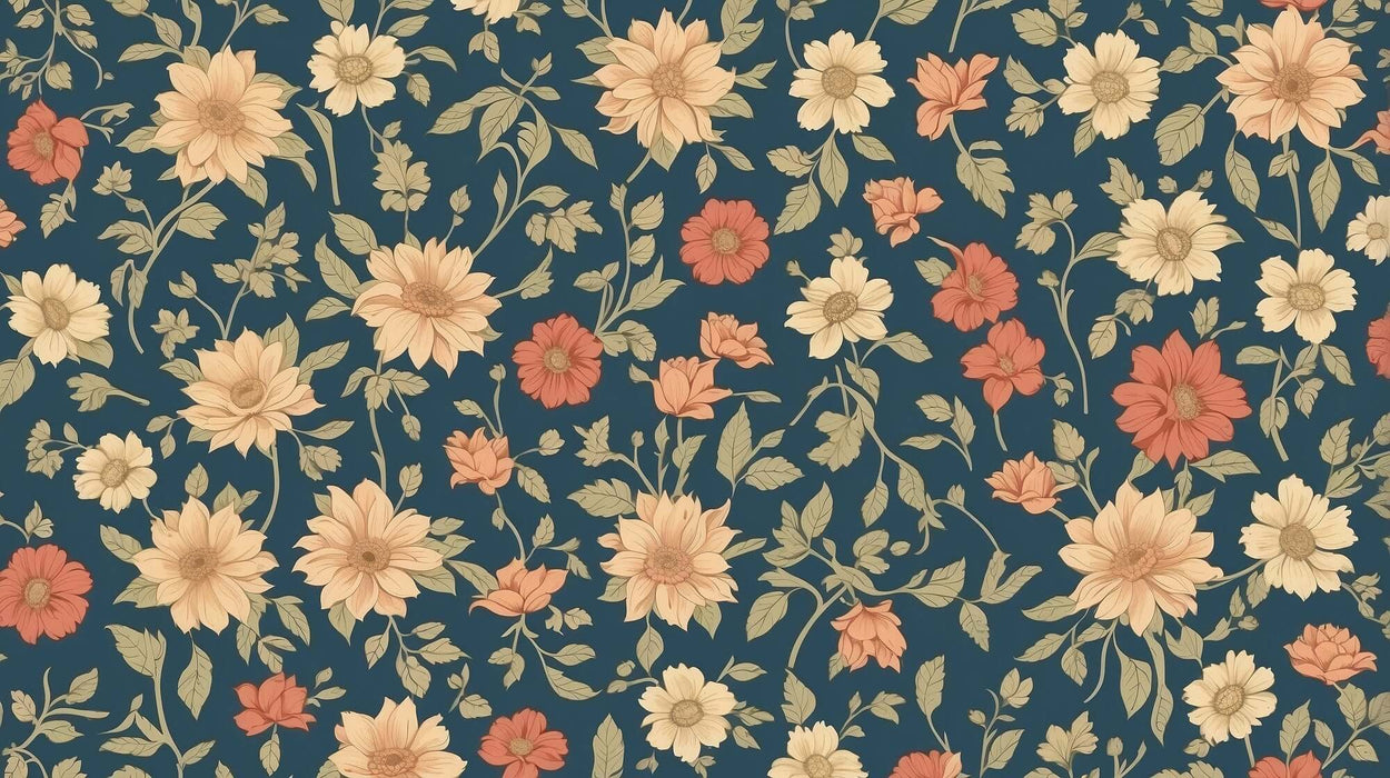 Vintage Floral Wallpaper Mural | Deep Navy Blue Background with Beige, Orange-Red Blooms and Green Foliage