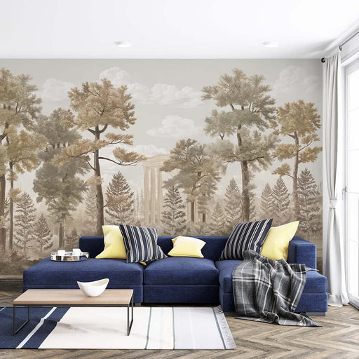 Vintage Forest Wallpaper Mural: Retro Forest & Classical Architecture, Timeless Elegance for Your Space — serene living room with a blue sectional, forest mural, muted tones, and bold panther motif