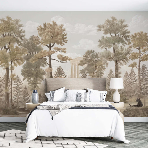 Vintage Forest Wallpaper Mural: Retro Forest & Classical Architecture, Timeless Elegance for Your Space — bedroom wall mural with serene forest scene and classical columns, monochrome palette