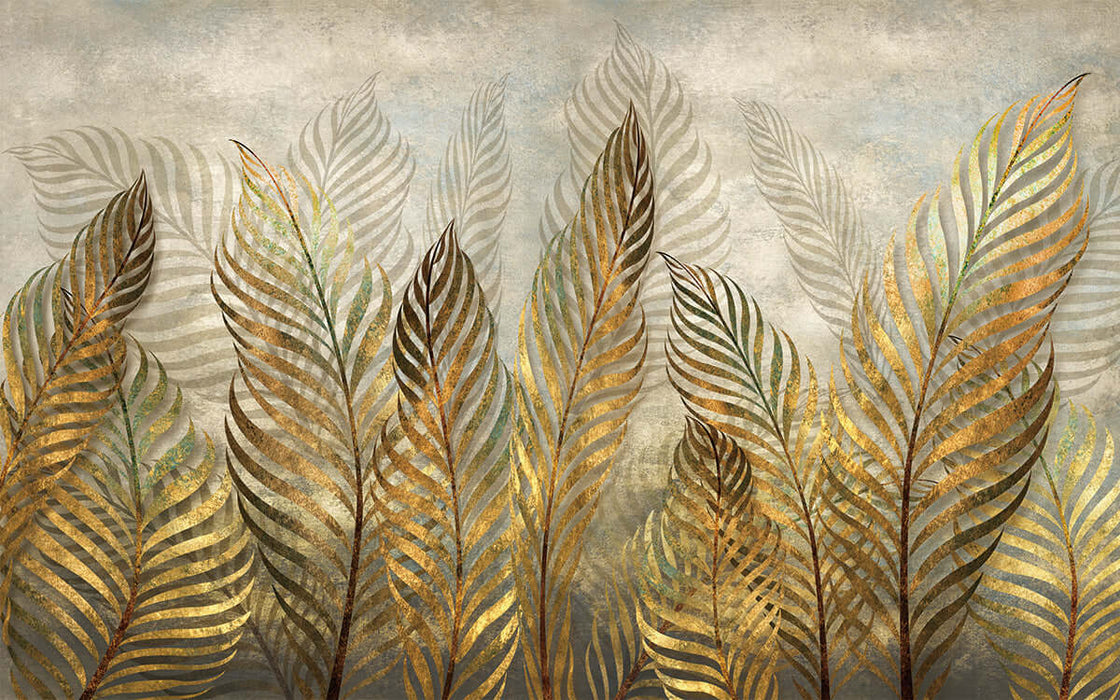 Vintage Golden Leaf Art Wallpaper Mural | Golden Fern Leaves with gold and brown tropical fronds art wallpaper