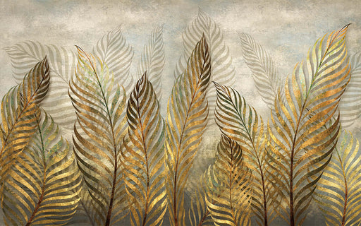 Vintage Golden Leaf Art Wallpaper Mural | Golden Fern Leaves with gold and brown tropical fronds art wallpaper