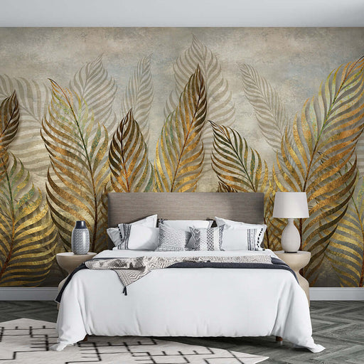 Vintage Golden Leaf Art Wallpaper Mural | Golden Fern Leaves